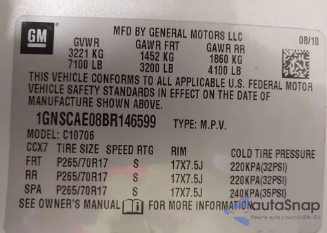 2011 Chevrolet Tahoe Ls z USA, uszkodzony, nr VIN 1GNSCAE08BR146599